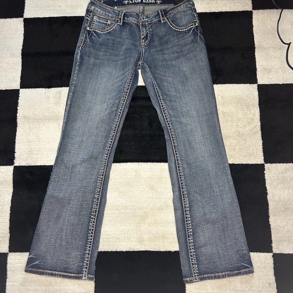 Live Hard Play Hard Womens Jeans Size 32 Y2K Rhinestones